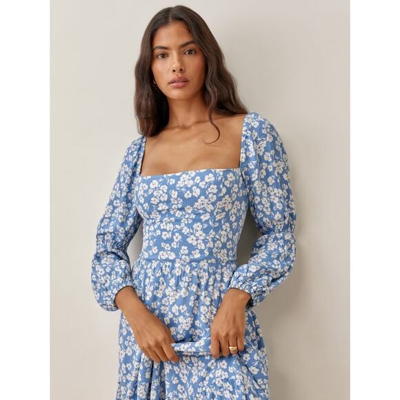 Reformation Mica Square Neck Floral Midi Dress in Daniella Blue White Size 4 - Picture 3 of 8